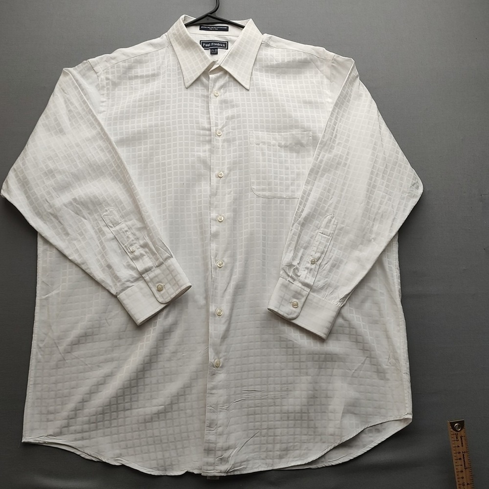 Paul Frederick Men's White Checkered‎ Button Up Shirt Long Sleeve 17 1/2-33